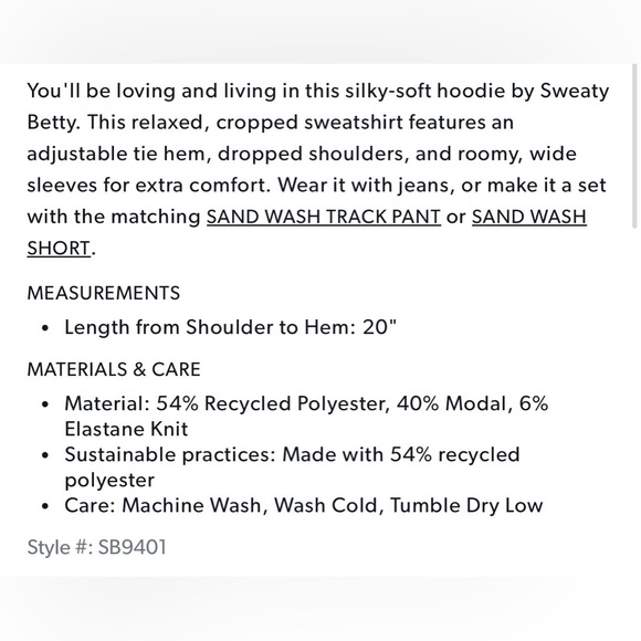 NWT Sweaty Betty Sand Wash Blue Crop Hoody Medium - Picture 7 of 8